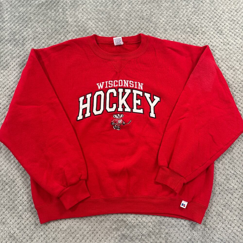 VTG Wisconsin Badgers Hockey Red Russell Athletic Crewneck Sweatshirt Sz L